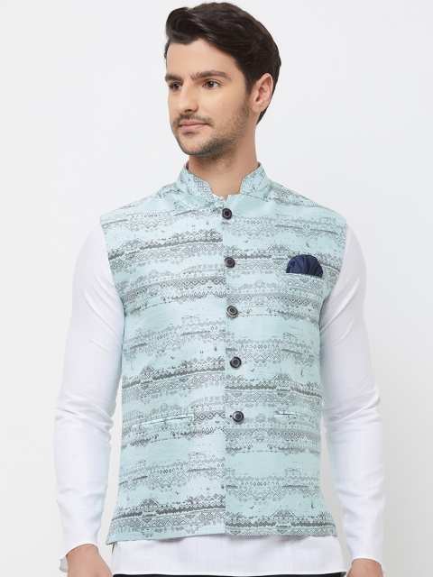 

N Dot Men Blue & Grey Printed Woven Silk Nehru Jacket