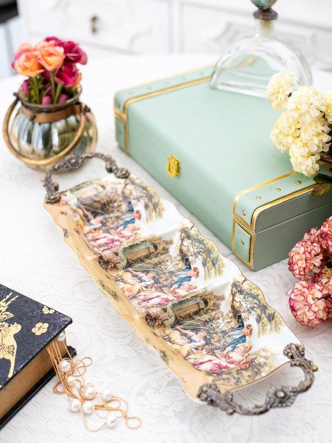 

White Gold White & Yellow Porcelain Tray with 3 Partitions in Victorian Print