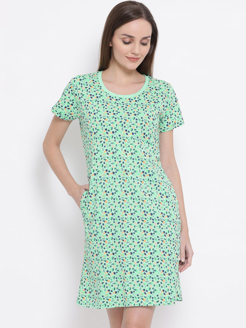 

Clovia Women Green & Navy Blue Printed Sleep T-Shirt
