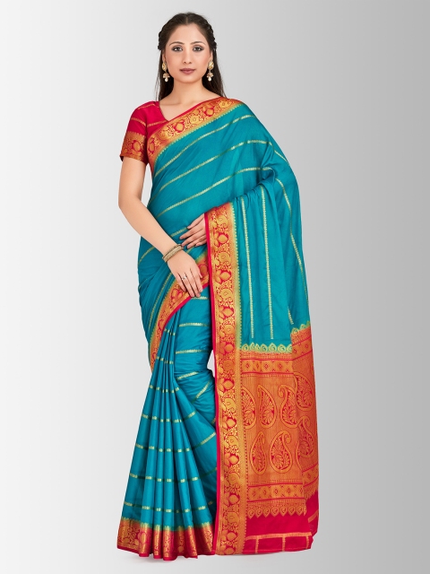 

MIMOSA Turquoise Blue Poly Crepe Striped Mysore Silk Saree