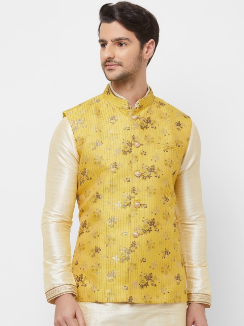 

N Dot Men Yellow Printed Pure Silk Brocade Woven Nehru Jacket