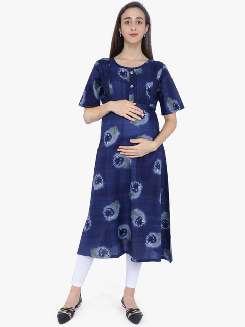 

MomToBe Women Blue Printed Maternity A-Line Kurta