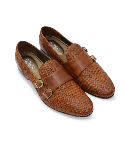 

ROSSO BRUNELLO Men Tan Brown Woven Design Formal Leather Monks