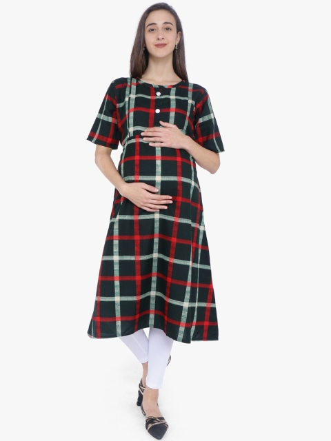 

MomToBe Women Green & Red Checked A-Line Maternity Nursing Kurta