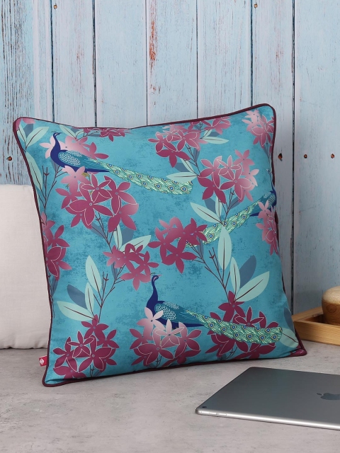 

India Circus by Krsnaa Mehta Teal Blue Set of Single Floral Square Cushion Cover