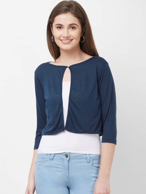 

109F Women Blue Solid Button Shrug