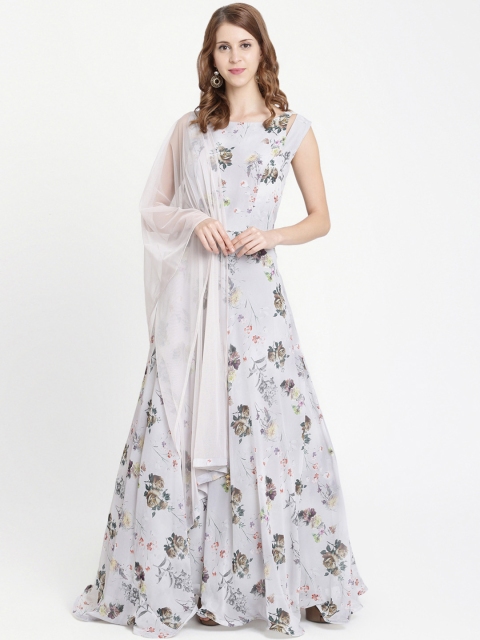 

Koskii Women Grey Printed Ethnic Maxi Dress with Dupatta