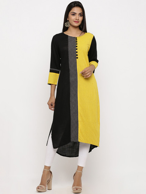 

BUYCLARA Women Black & Yellow Colourblocked Straight Kurta