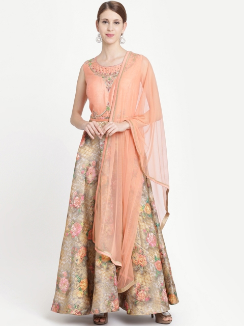 

Koskii Women Peach-Coloured Stonework Banarasi Brocade Maxi Dress With Dupatta
