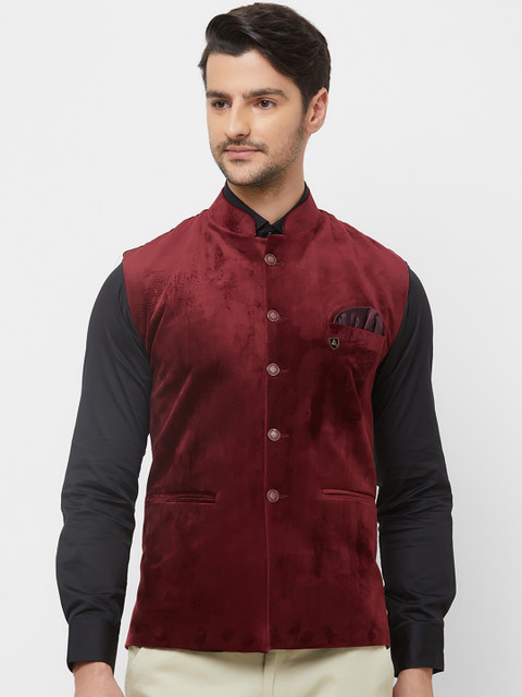 

N Dot Men Maroon Solid Velvet Nehru Jacket