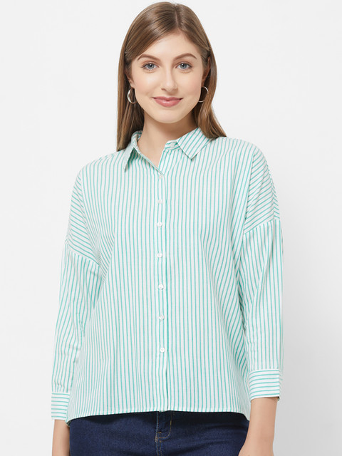 

109F Women Green & White Regular Fit Striped Casual Shirt