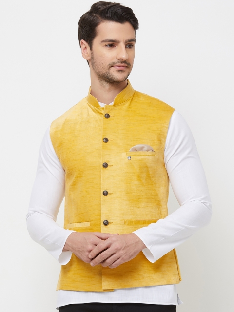 

N Dot Men Yellow Solid Velvet Nehru Jacket