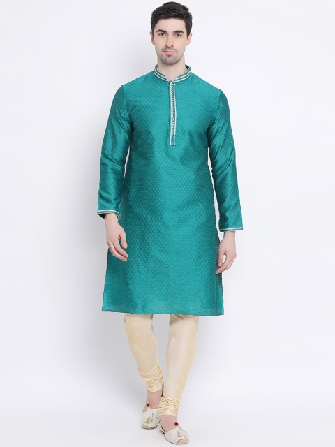 

Sanwara Men Sea Green & Beige Self Design Silk Kurta with Churidar