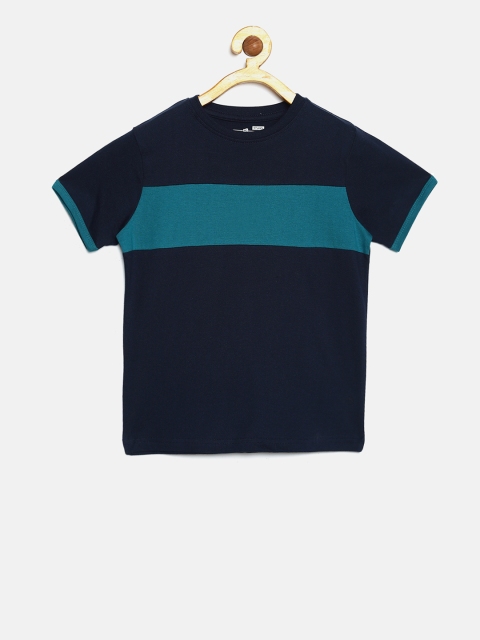Boys Navy Blue Colourblocked Round Neck Pure Cotton T-shirt