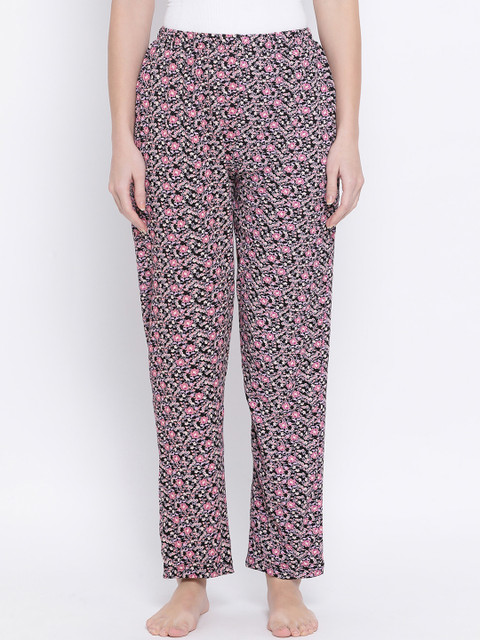 

Clovia Women Black & Pink Floral Printed Lounge Pants LB0176G13S