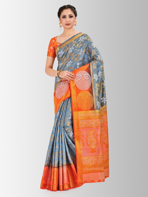 

MIMOSA Blue & Orange Art Silk Woven Design Kanjeevaram Saree