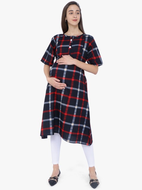 

MomToBe Women Navy Blue & Red Checked A-Line Maternity Nursing Kurta