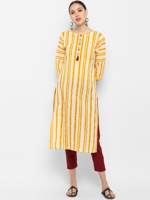 

Janasya Women Yellow & Maroon Striped Kurti with Trousers