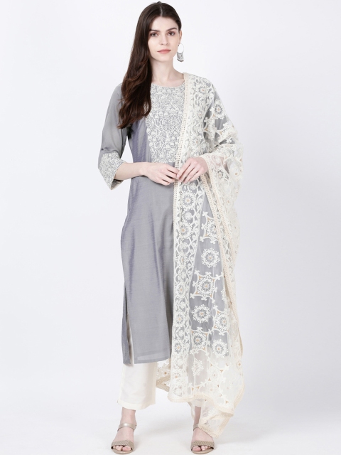 

Soch Women Grey & Off-White Yoke Design Kurta with Trousers & Dupatta