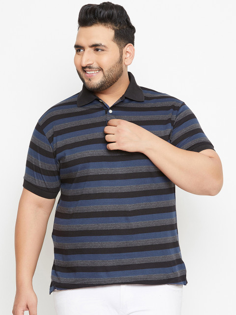 

bigbanana Plus Size Men Black Striped Polo Collar T-shirt