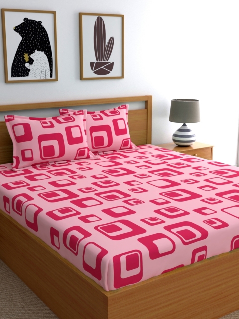 

Home Ecstasy Pink Geometric 140 TC Cotton 1 Queen Bedsheet with 2 Pillow Covers