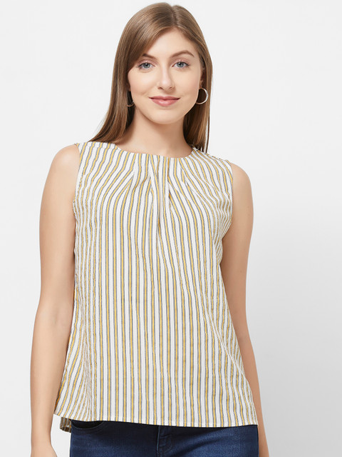 

109F Women Yellow & White Striped Top