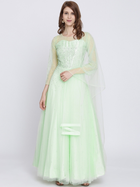 

Koskii Women Green Stonework Embellished Maxi Dress With Dupatta