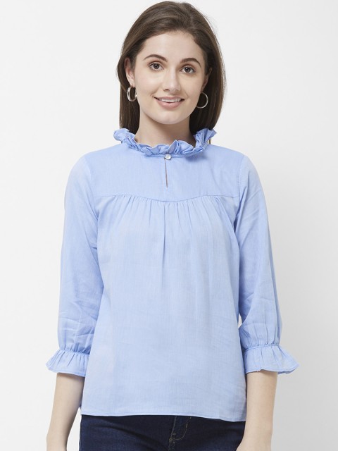 

109F Women Blue Solid Ruffle Neck Pure Cotton Top