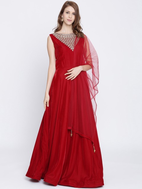

Koskii Women Red Embellished Maxi Dress With Dupatta
