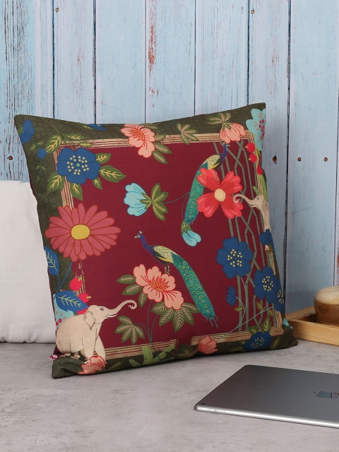 

India Circus by Krsnaa Mehta Maroon Single Floral Square Cushion Cover