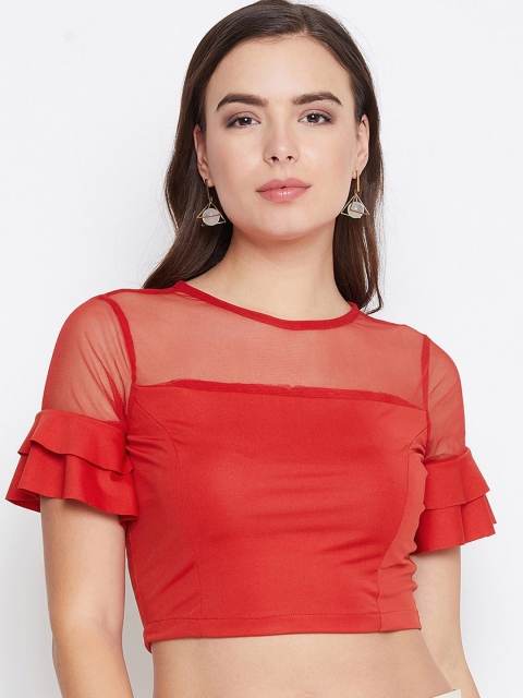 

Meee Women Red Solid Semi-Sheer Crop Top