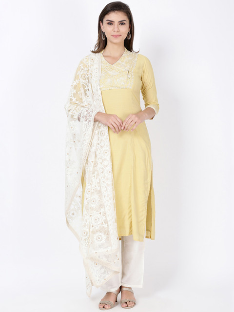 

Soch Women Yellow & Off-White Yoke Design Kurta with Trousers & Dupatta