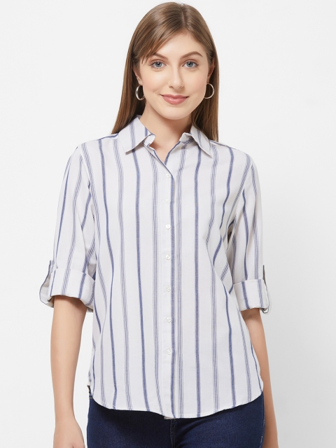 

109F Women White & Navy Blue Regular Fit Striped Casual Shirt