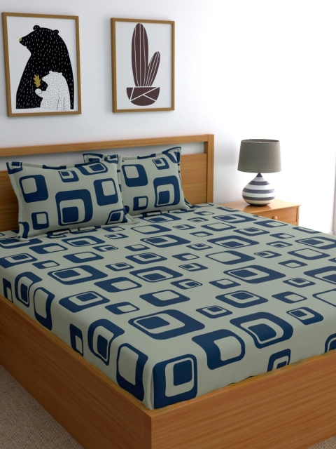 

Home Ecstasy Grey & Blue Geometric 140 TC Cotton 1 Queen Bedsheet with 2 Pillow Covers