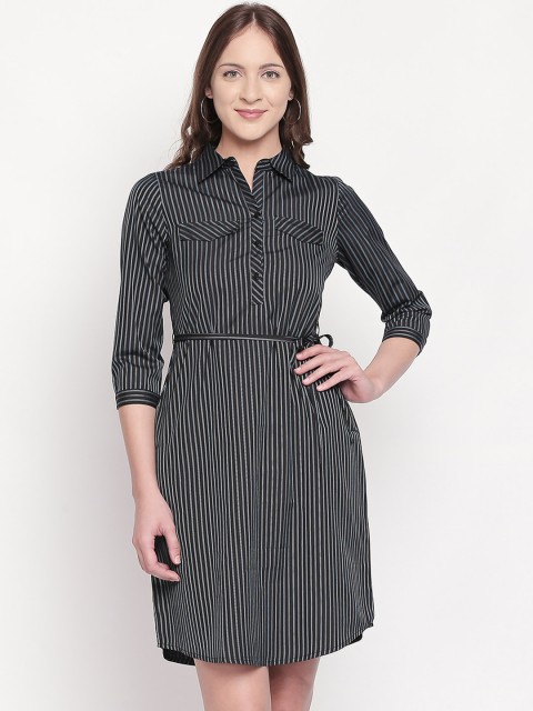 

109F Women Black Striped Shirt Dress