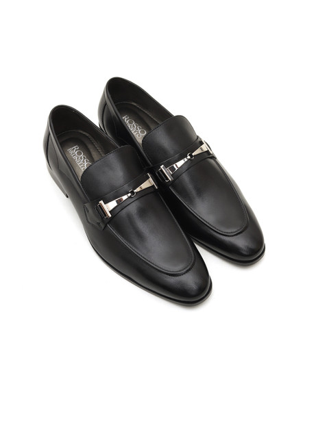 

ROSSO BRUNELLO Men Black Solid Formal Leather Horsebit Loafers
