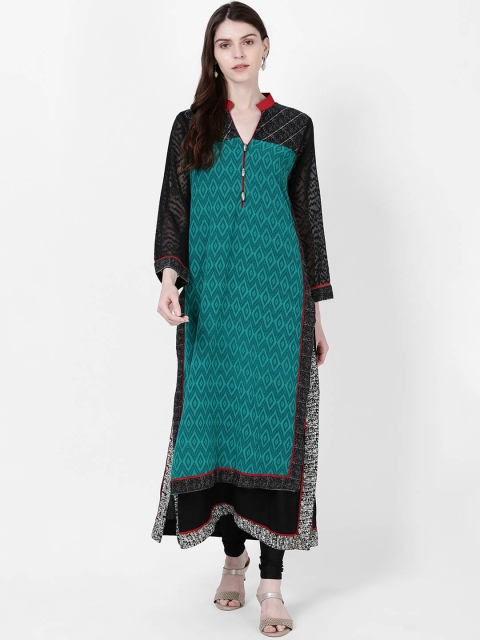 Soch Women Green & Black Printed Kurta with Churidar