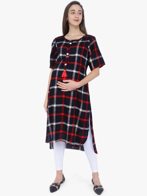

MomToBe Women Navy Blue & Red Checked A-Line Maternity Nursing Kurta