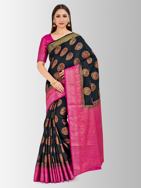 

MIMOSA Black & Pink Art Silk Woven Design Kanjeevaram Saree