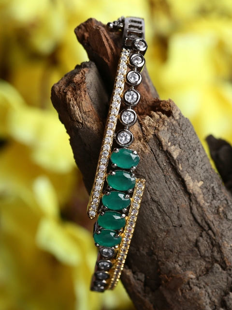 

Bhana Fashio Rhodium-Plated & Green Handcrafted Bangle-Style Bracelet
