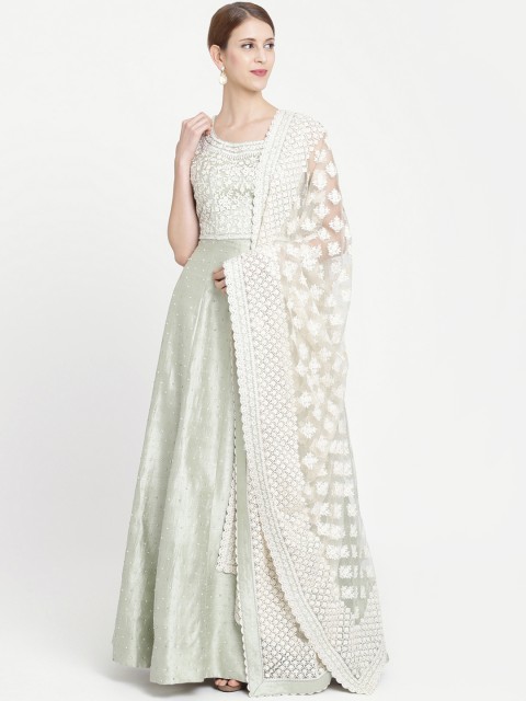

Koskii Women Green Embroidered Raw Silk Maxi Dress With Dupatta