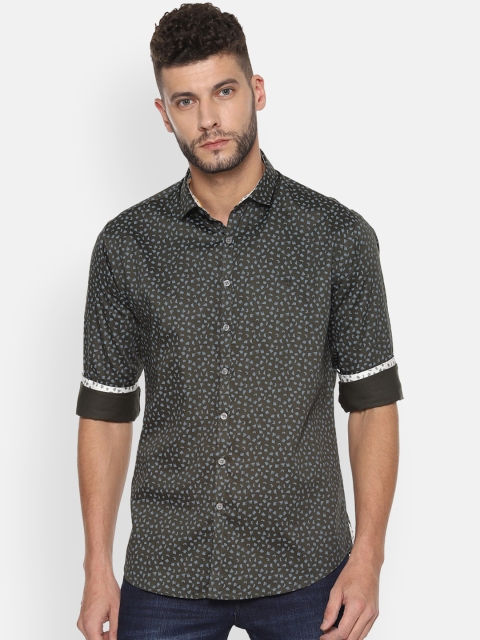 

V Dot Men Olive Green & Blue Slim Fit Printed Casual Shirt