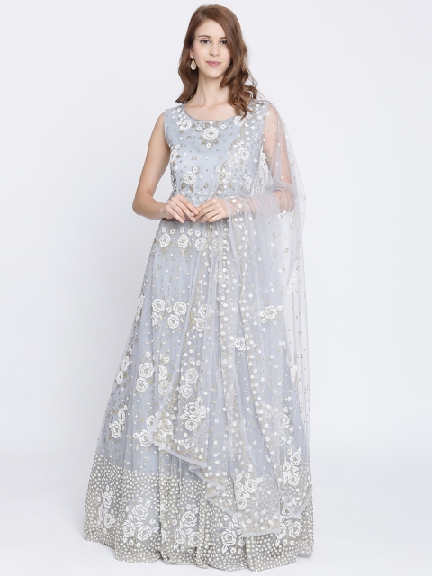 

Koskii Women Grey Embroidered Ethnic Maxi Dress with Dupatta