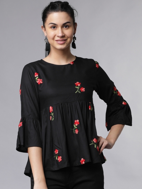 

Tokyo Talkies Women Black Floral Embroidered Peplum Top
