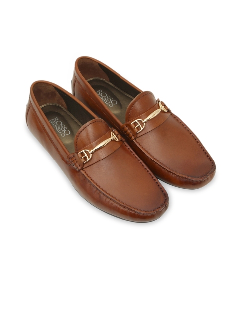 

ROSSO BRUNELLO Men Tan Brown Solid Leather Horsebit Driving Shoes