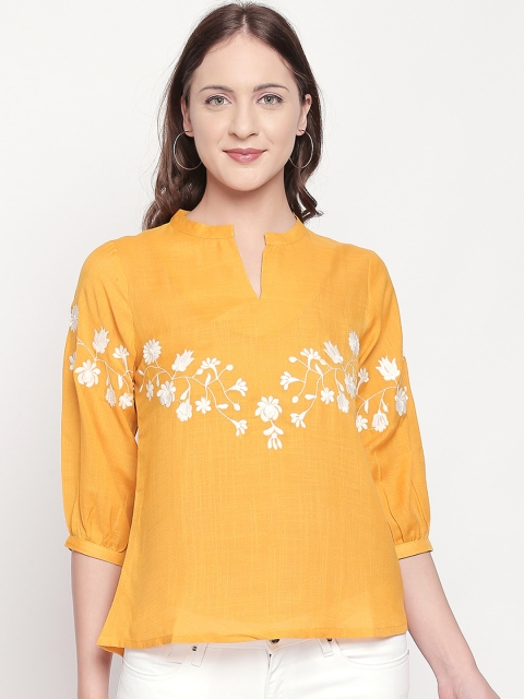 

109F Women Yellow & White Floral Embroidered A-Line Top