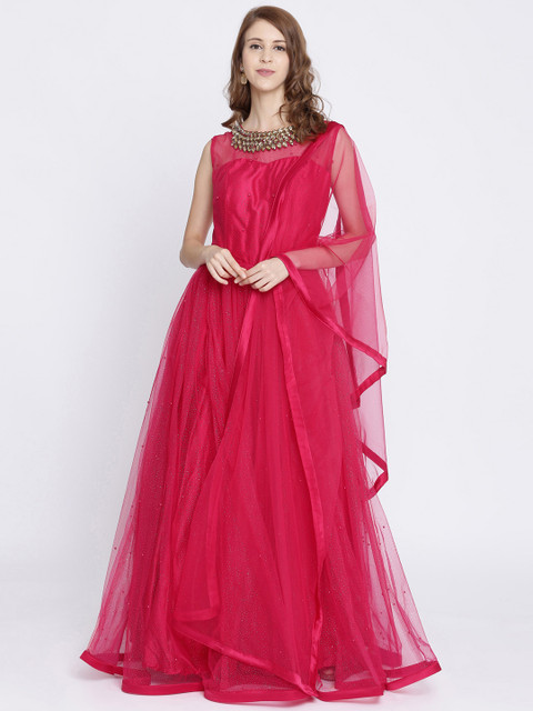 

Koskii Women Fuchsia Pink Embellished Ethnic Maxi Dress With Dupatta