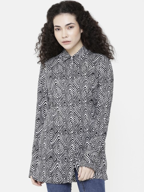 

Double Two Women Black Printed Shirt Style Top