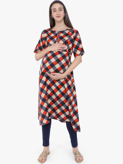

MomToBe Women Beige & Navy Blue Checked Maternity Asymmetric A-Line Kurta