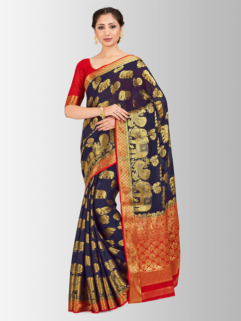 

MIMOSA Navy Blue & Red Poly Chiffon Woven Design Banarasi Saree